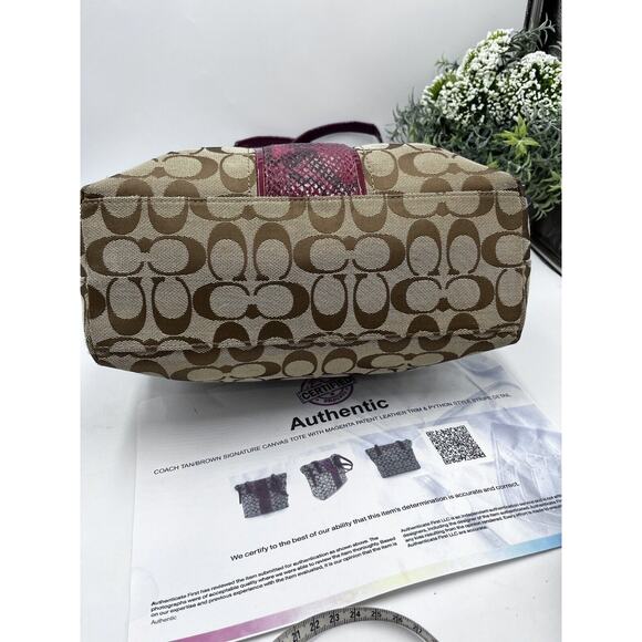 Authenticated F25706 Raspberry Snakeskin Tan Brown Signature Logo Tote Bag - Picture 12 of 16